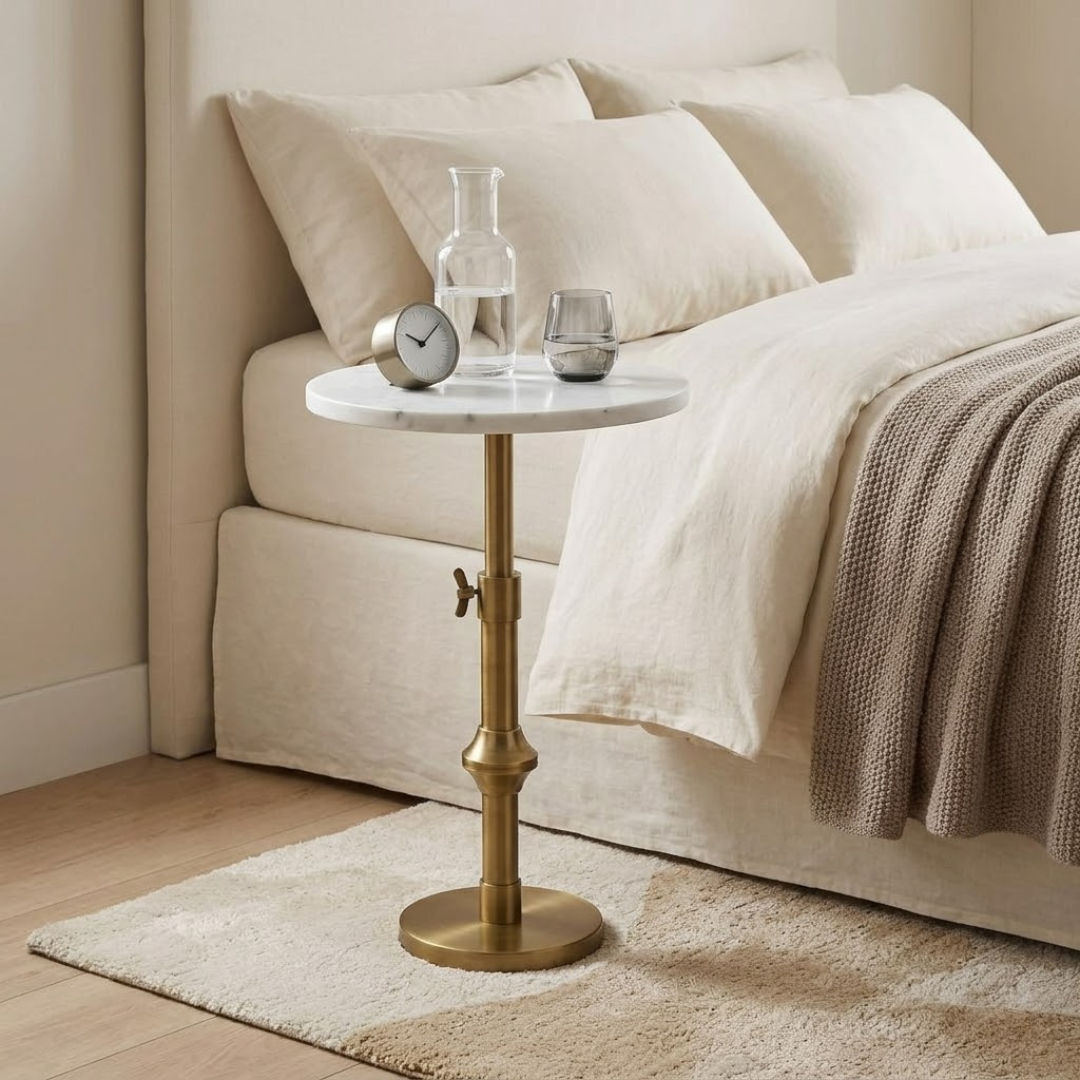Modern White Marble Side Table With Adjustable Height Antique Brass Base