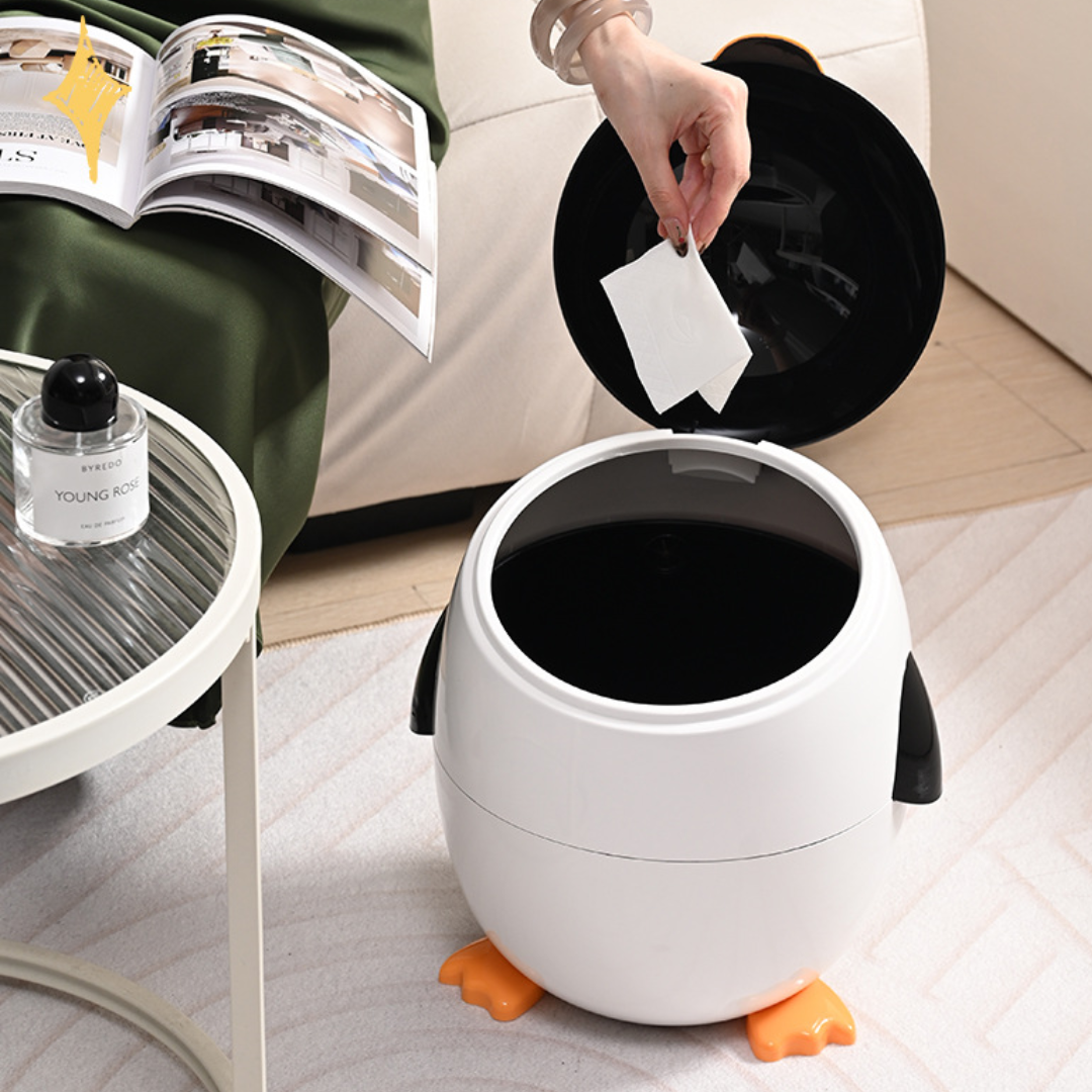 Homero Cute Cartoon Penguin Trash Can with Flip Lid