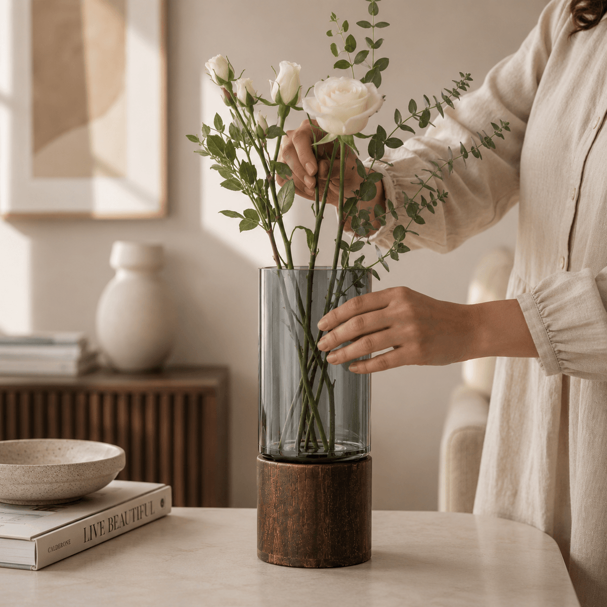 Homero Cylinder Vases with Wooden Base for Home Decor