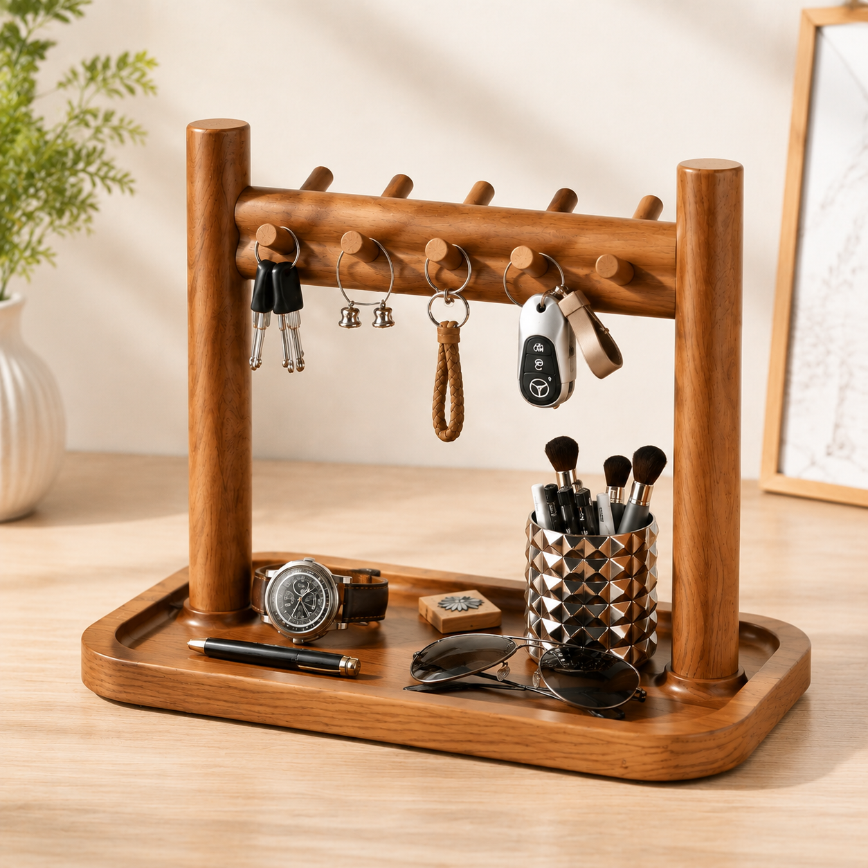 Smart Multi-Hook Design Modern Wooden Desktop Key Organizer