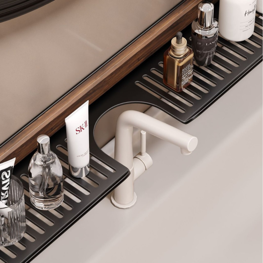 Homero Modern Walnut Faucet Rack Organizer With Drain Shelf