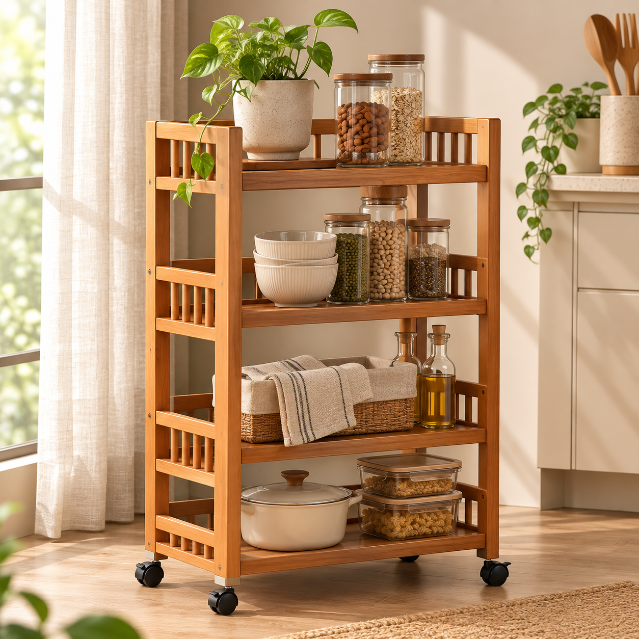 Homero 3-Tier Modern Wooden Media Storage Rack with Wheels