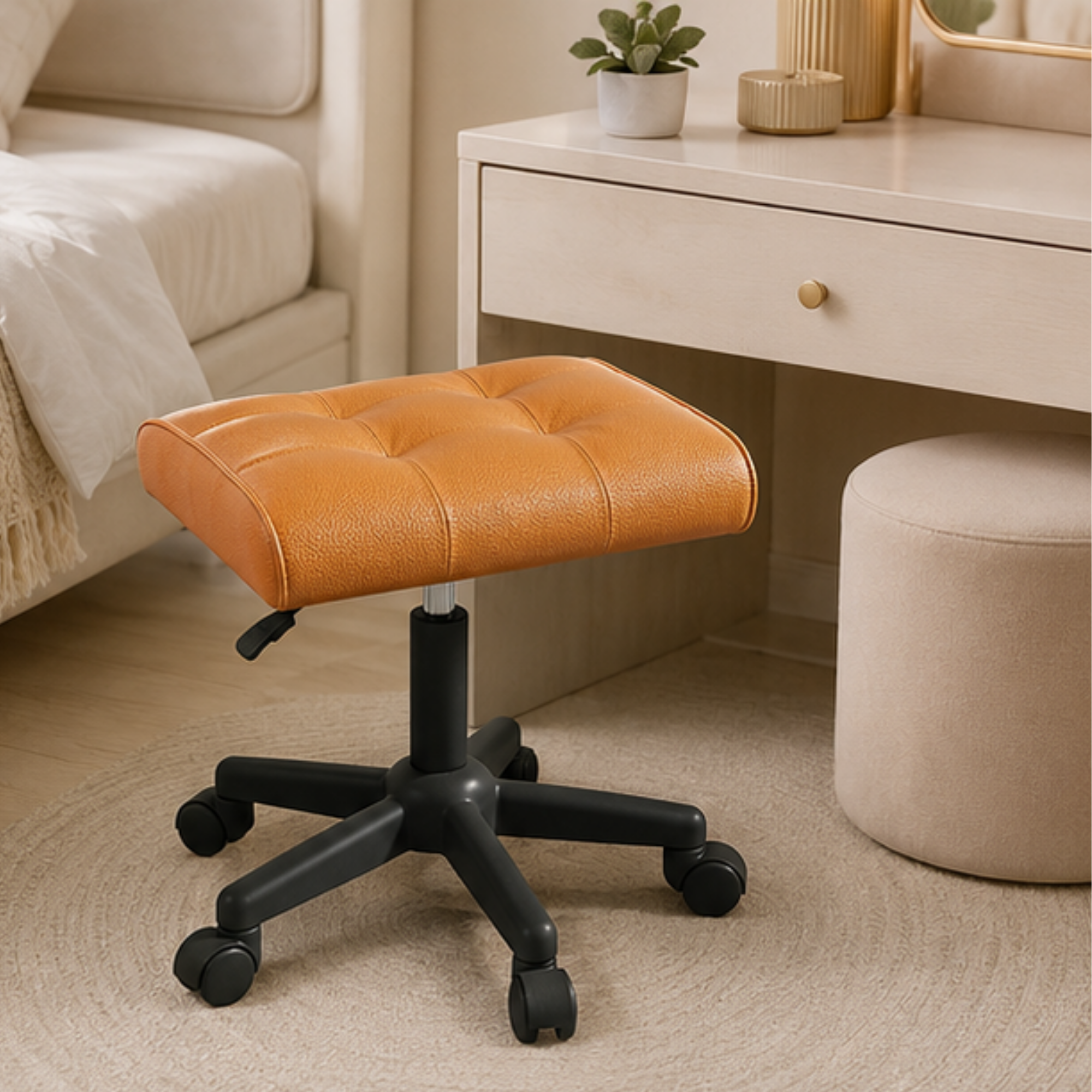 Adjustable Leather Footrest Stool with Thick Cushion