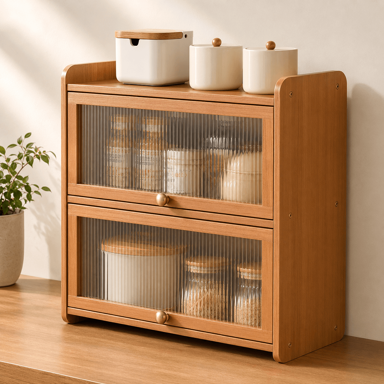2-Tier Bamboo Acrylic Multipurpose Storage Cabinet with Translucent Flip Door
