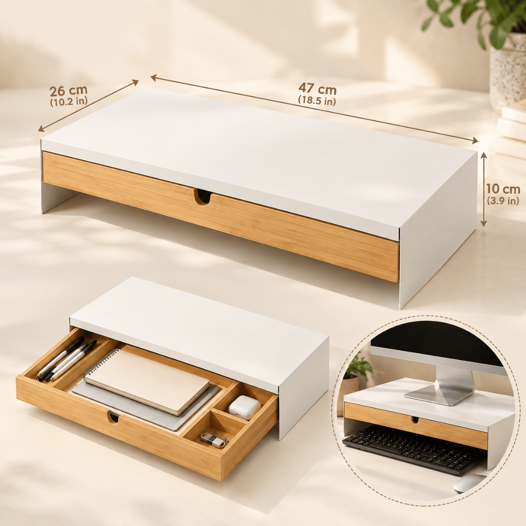 Premium Bamboo Monitor Stand with Drawer Desk Organiser