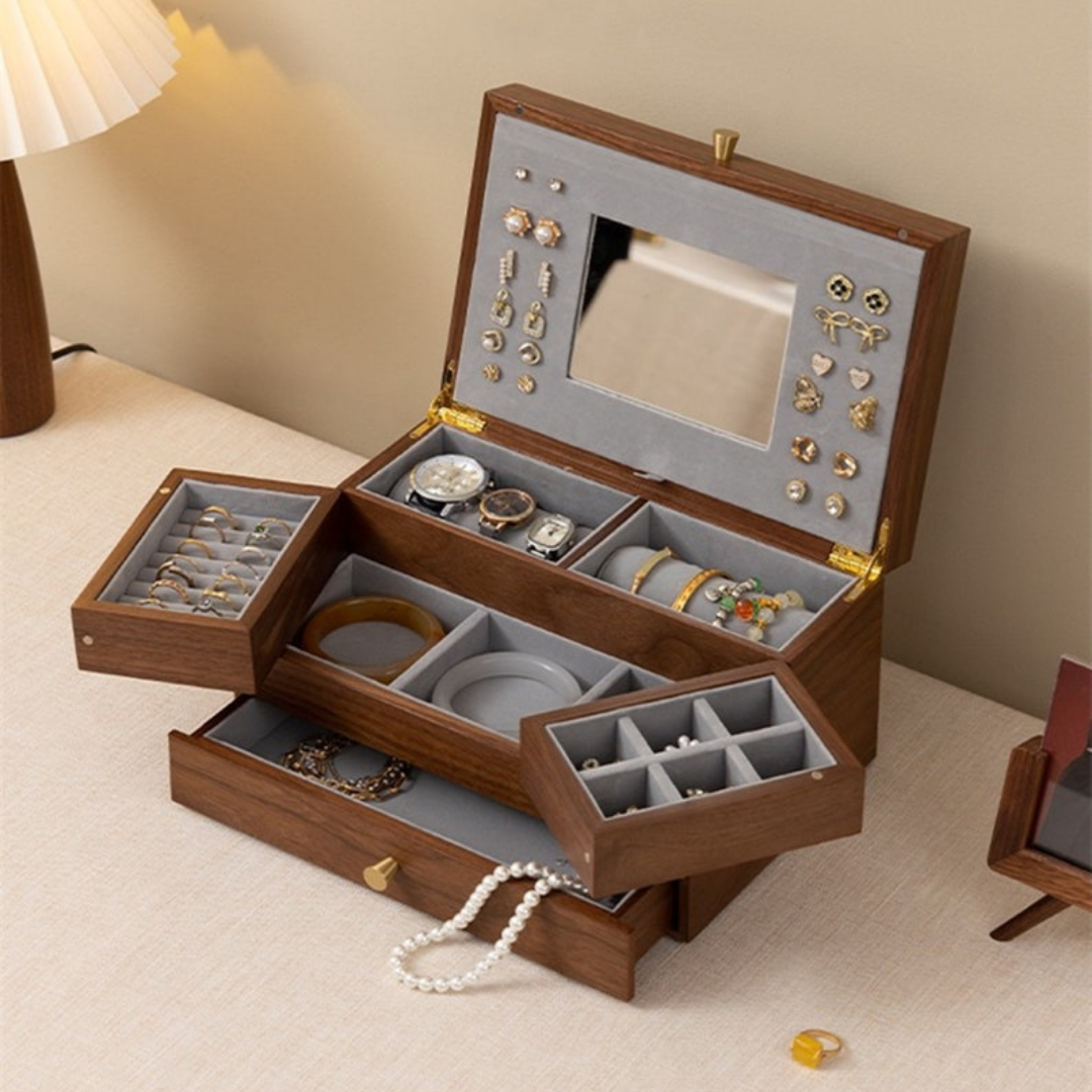HOMERO 3-Layer Walnut Design Wooden Jewelry Storage Box
