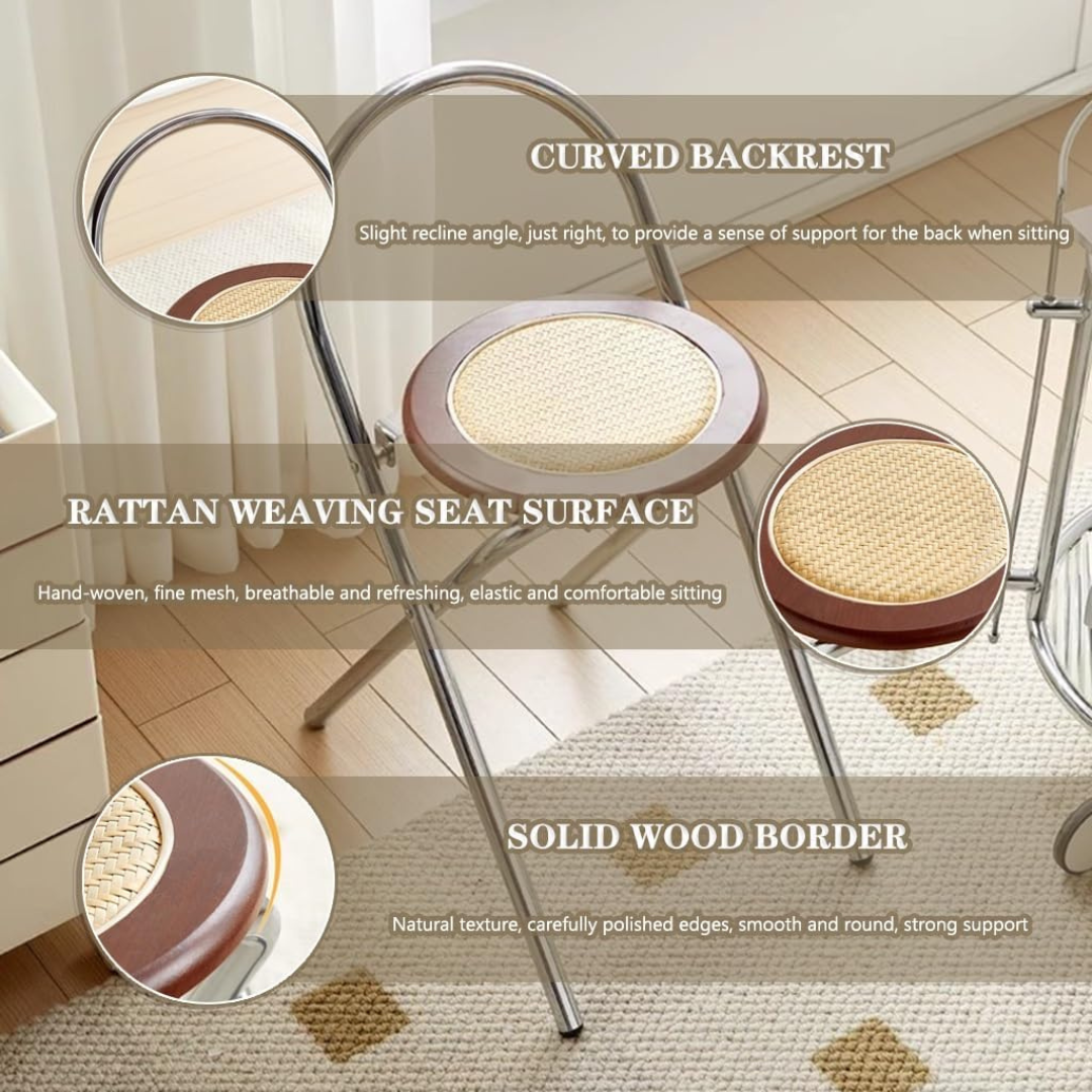 HOMERO Japanese Retro Rattan Folding Dining Chair with Solid Wood Frame (Brown)