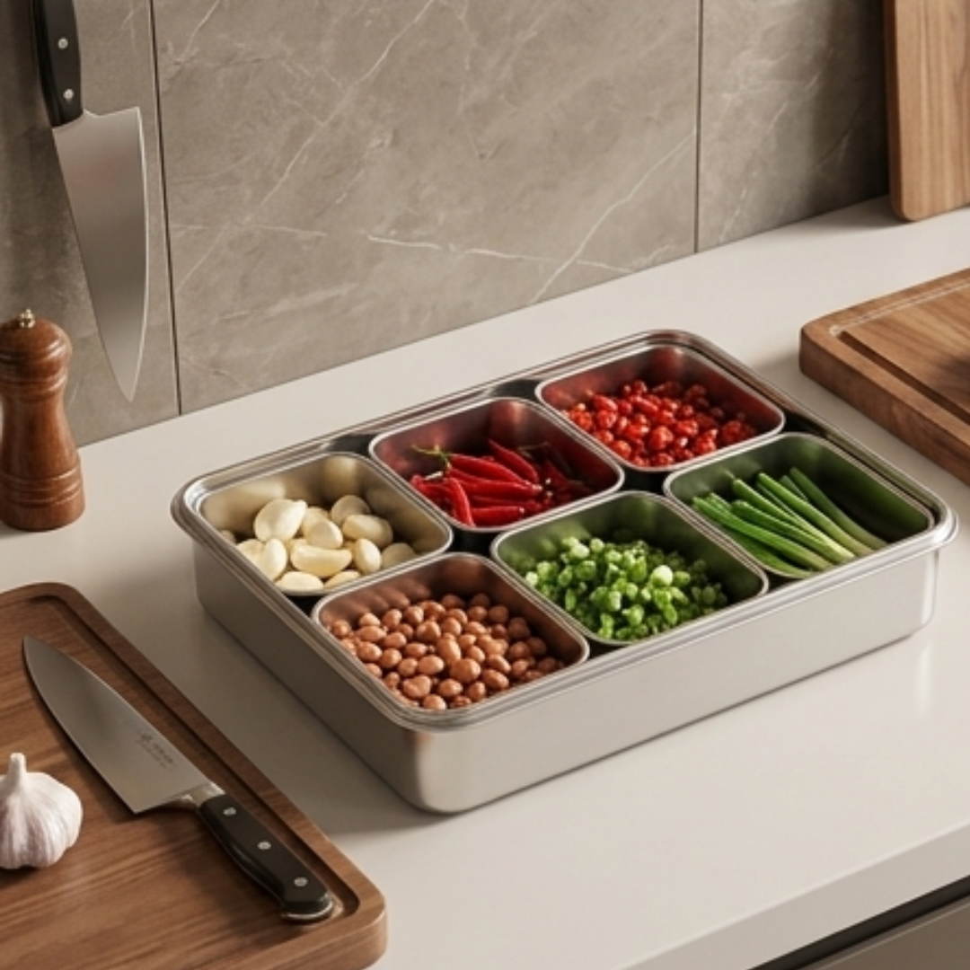 304 Stainless Steel 6-Compartment Seasoning Storage Box with Dustproof Lid