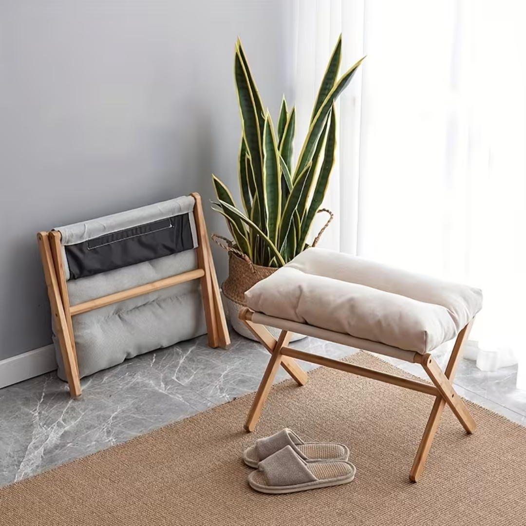 Wooden Bamboo Ottoman Foldable Stool with Removable Cushion