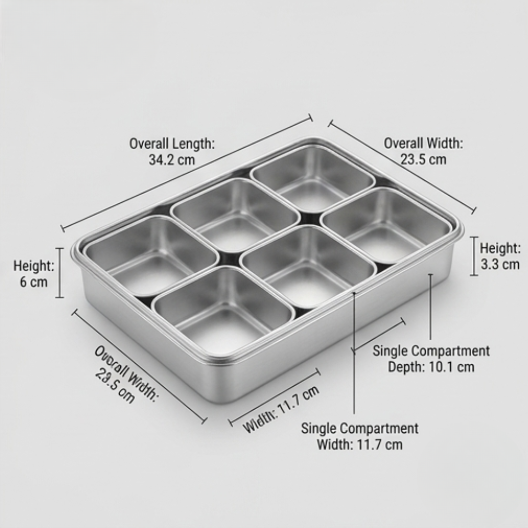 304 Stainless Steel 6-Compartment Seasoning Storage Box with Dustproof Lid
