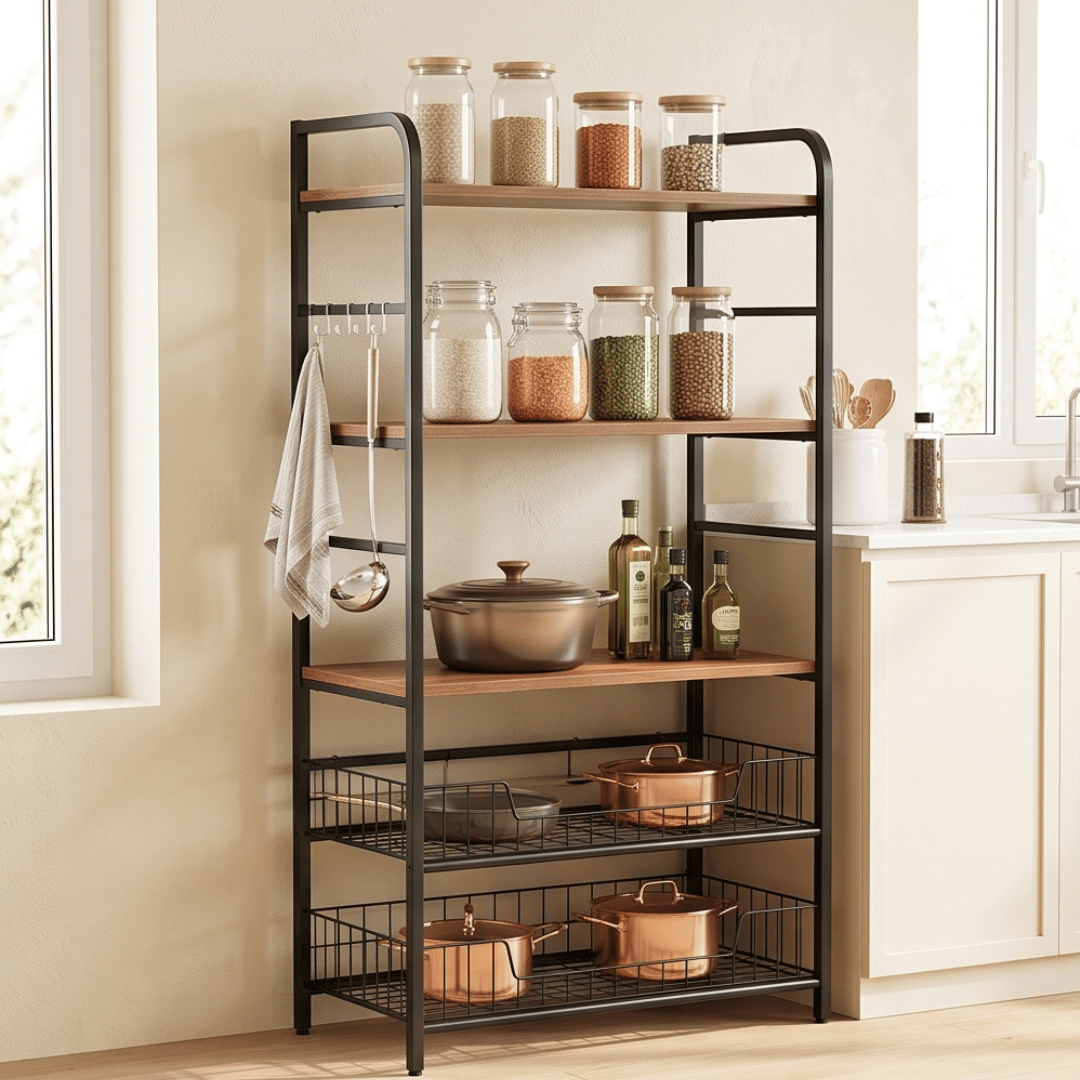 Multi-Purpose Wooden Kitchen Storage Organizer Cart With Utility Hooks
