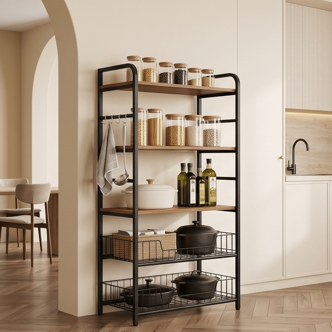 Multi-Purpose Wooden Kitchen Storage Organizer Cart With Utility Hooks