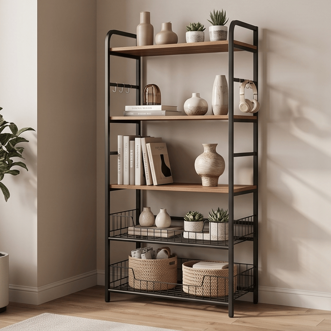 Multi-Purpose Wooden Kitchen Storage Organizer Cart With Utility Hooks