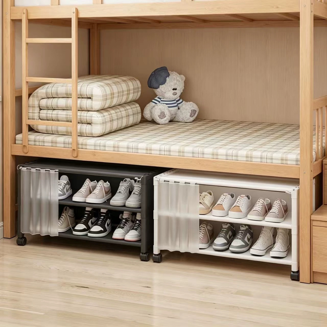 2 Tier Rolling Shoe Rack Organizer with Curtain and Wheels