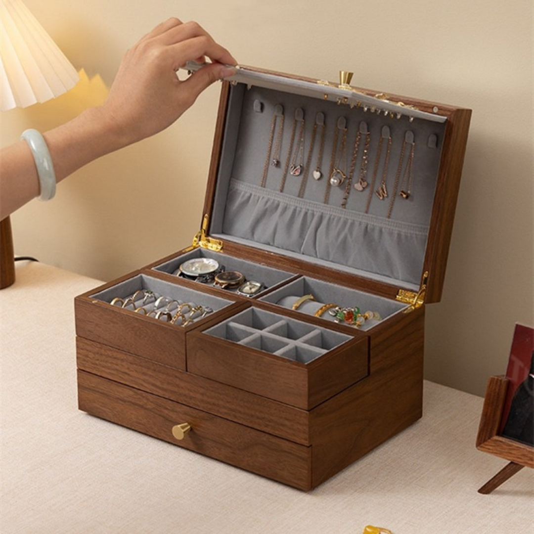HOMERO 3-Layer Walnut Design Wooden Jewelry Storage Box