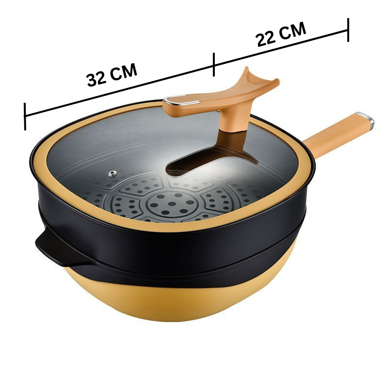 Titanium Coated Double Layer Non-Stick Wok Frying Pan with Steamer