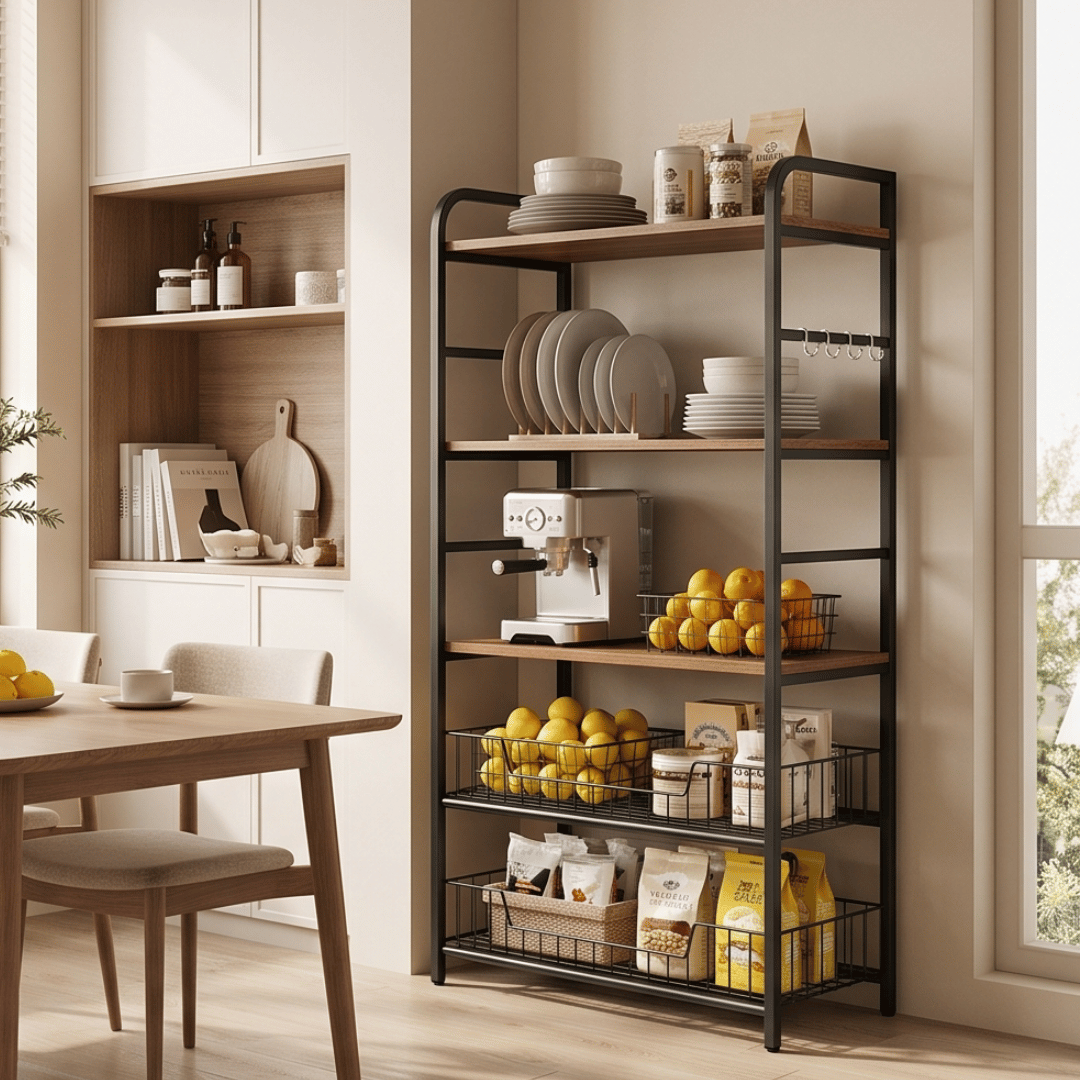 Multi-Purpose Wooden Kitchen Storage Organizer Cart With Utility Hooks