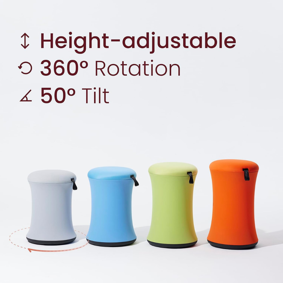 Ergonomic Adjustable Height Wobble Stool with 360° rotation and flexible rocking motion