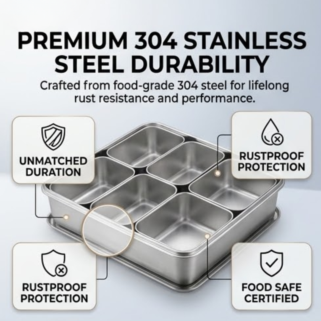 304 Stainless Steel 6-Compartment Seasoning Storage Box with Dustproof Lid
