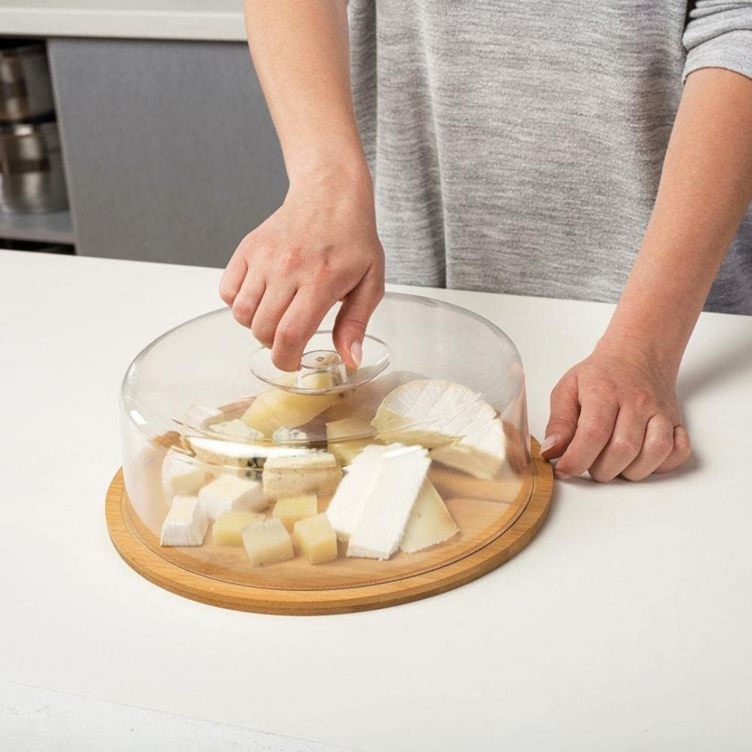 HOMERO Round Bamboo Serving Tray with Transparent Acrylic Dome - 28cm