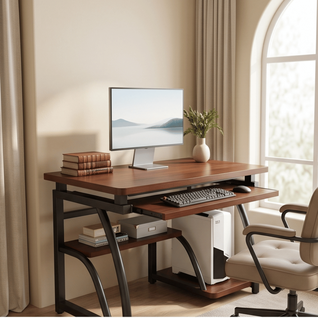 Premium Wooden Computer Desk Table with Bookshelf & Retractable Keyboard Tray