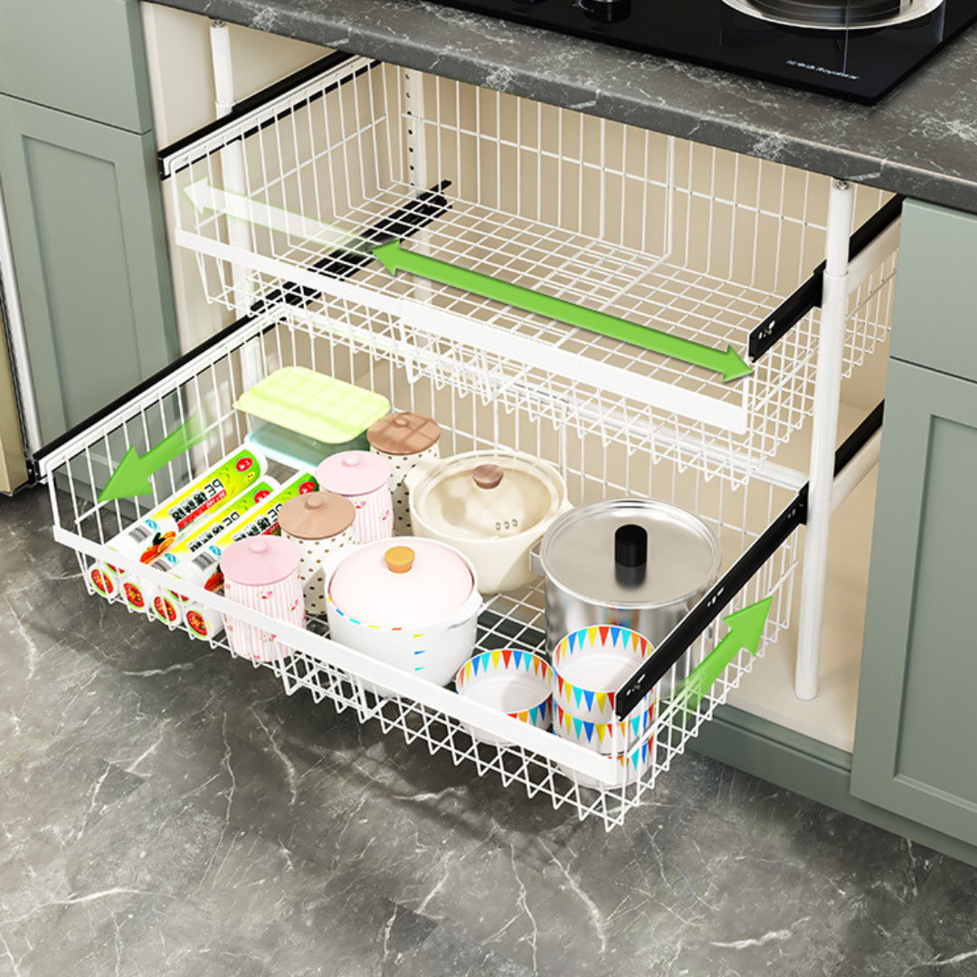 HOMERO Carbon Steel Adjustable Telescopic Pull-Out Cabinet Basket Organizer