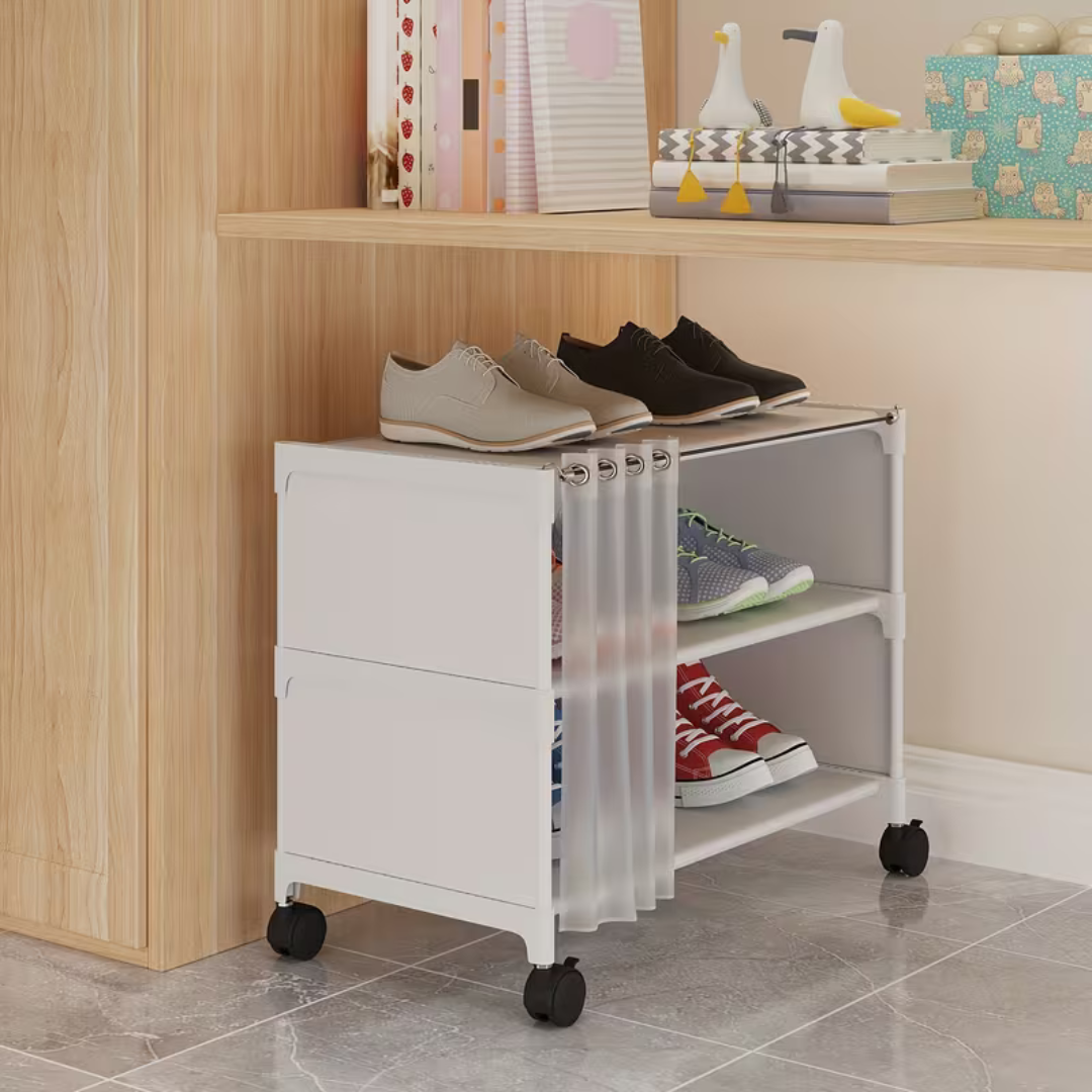 2 Tier Rolling Shoe Rack Organizer with Curtain and Wheels