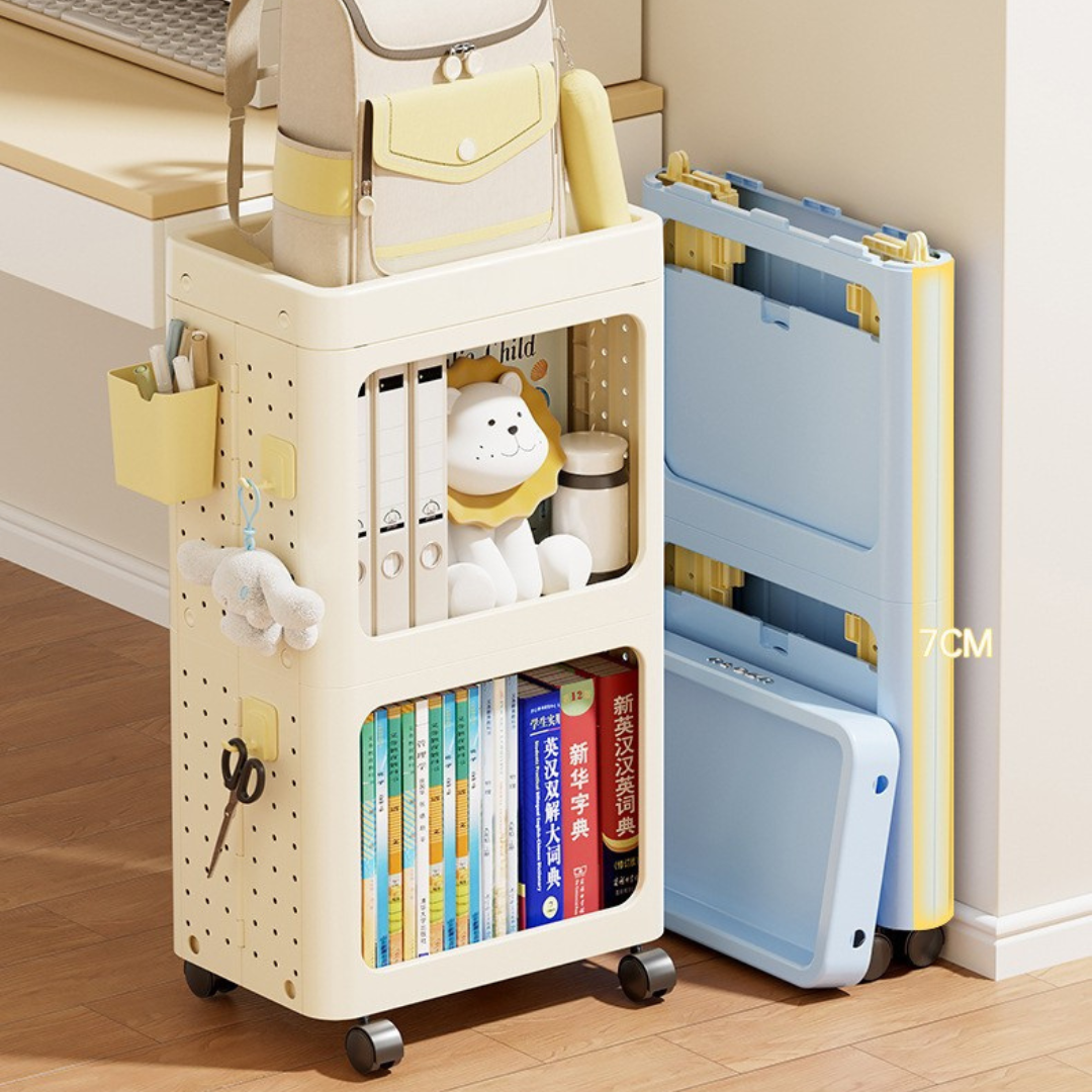 Premium Folding Space Saver Pegboard Bookshelf with 360° Omnidirectional Wheels