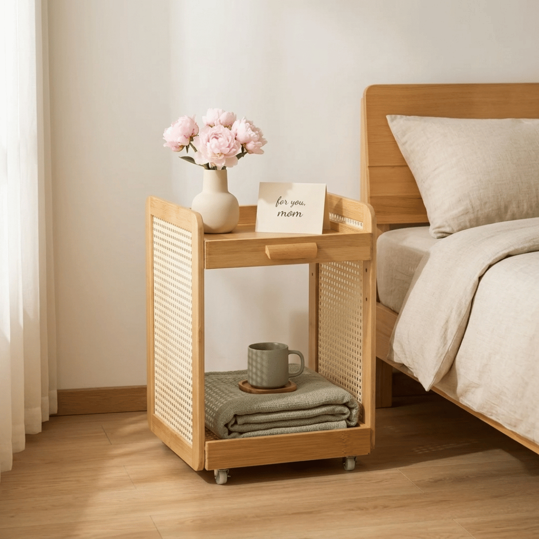 Homero 2 Layer Adjustable Bamboo Side Cabinet with 360 Degree Wheels