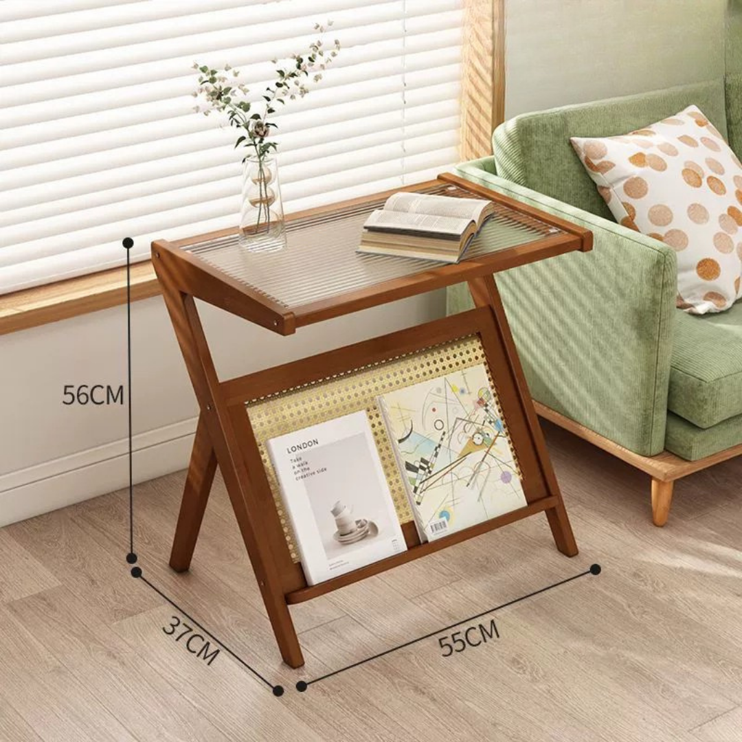 Elegant Z-Shape Boho Wooden Side Table with Toughened Glass Top