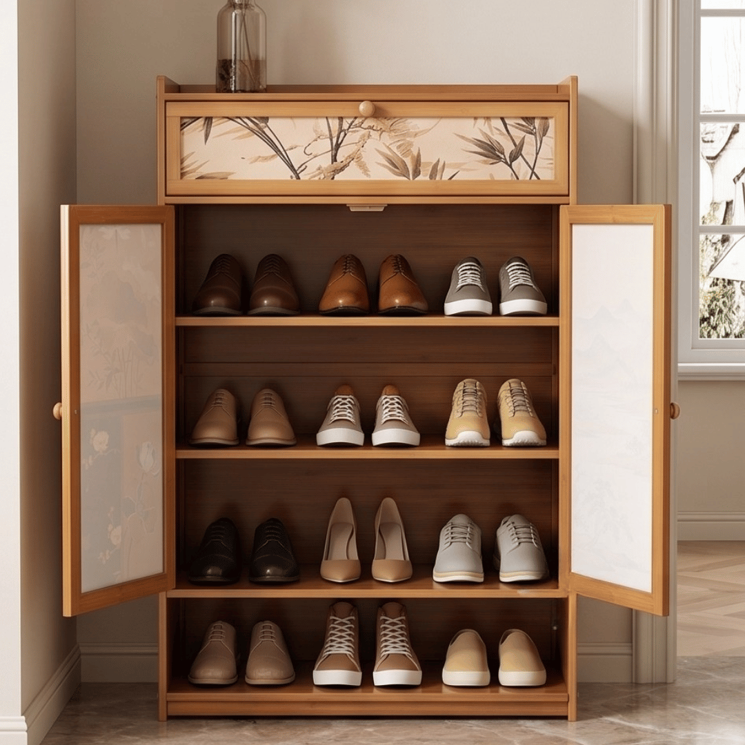 Medieval Bamboo Shoe Cabinet With Drawers Multi Tier Dustproof Footwear Storage Organizer Living Room Bedroom