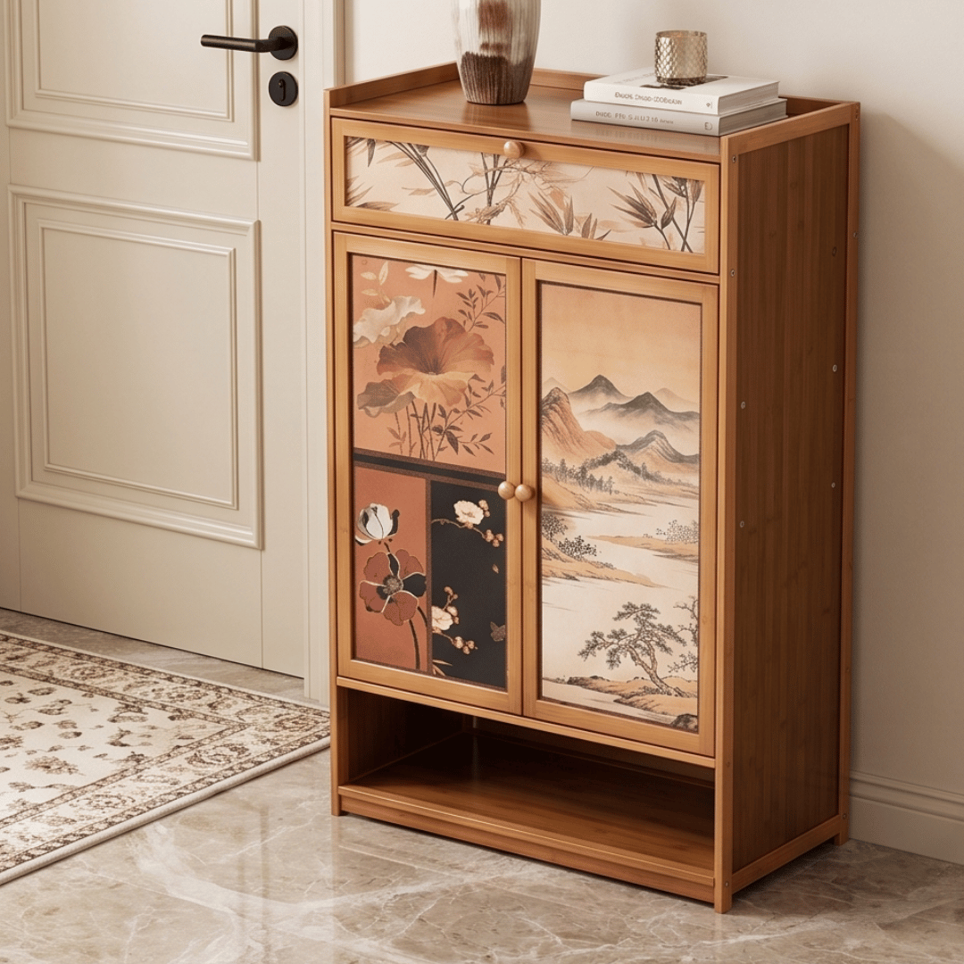 Medieval Bamboo Shoe Cabinet With Drawers Multi Tier Dustproof Footwear Storage Organizer Living Room Bedroom
