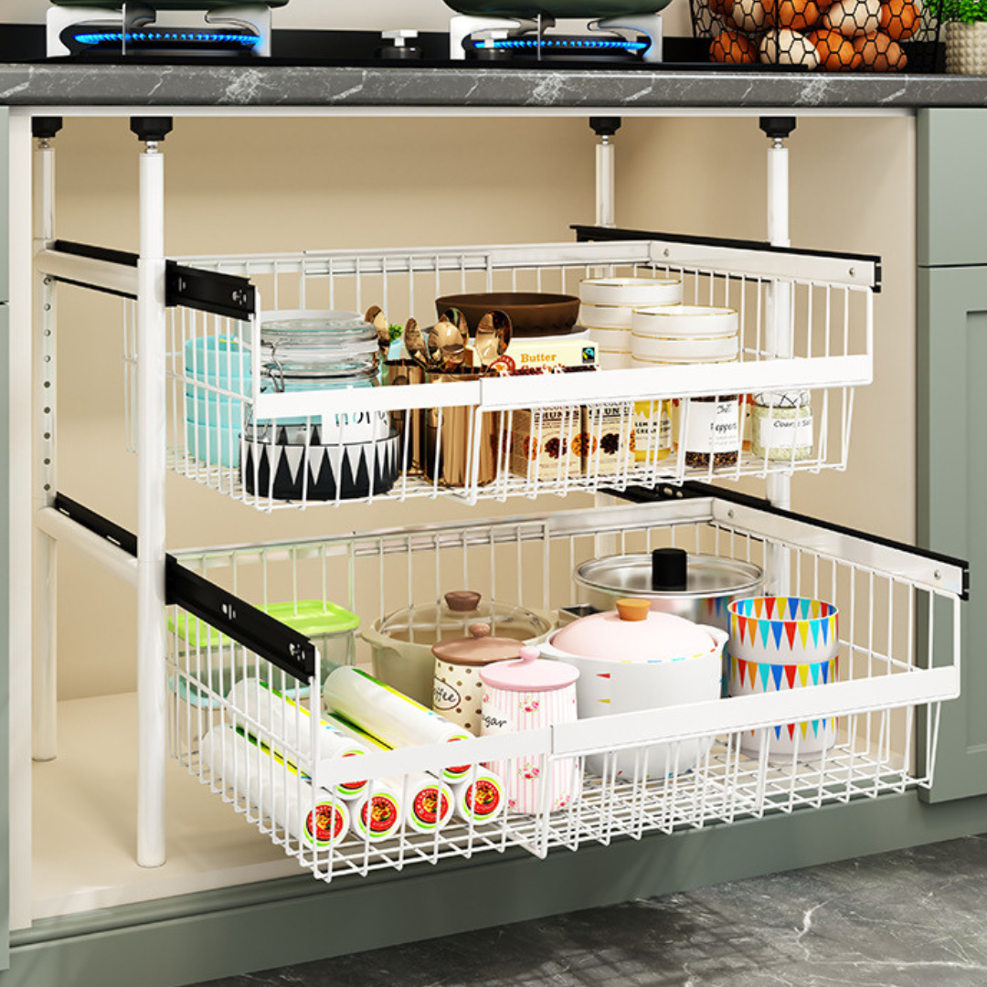 HOMERO Carbon Steel Adjustable Telescopic Pull-Out Cabinet Basket Organizer