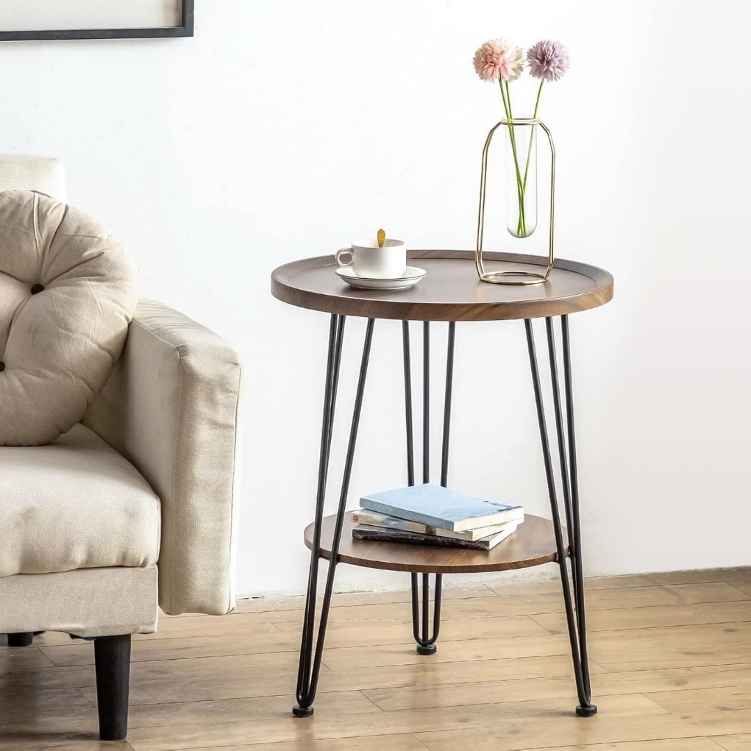 HOMERO Premium Natural Wood Double-Layer Storage Round Accent Table