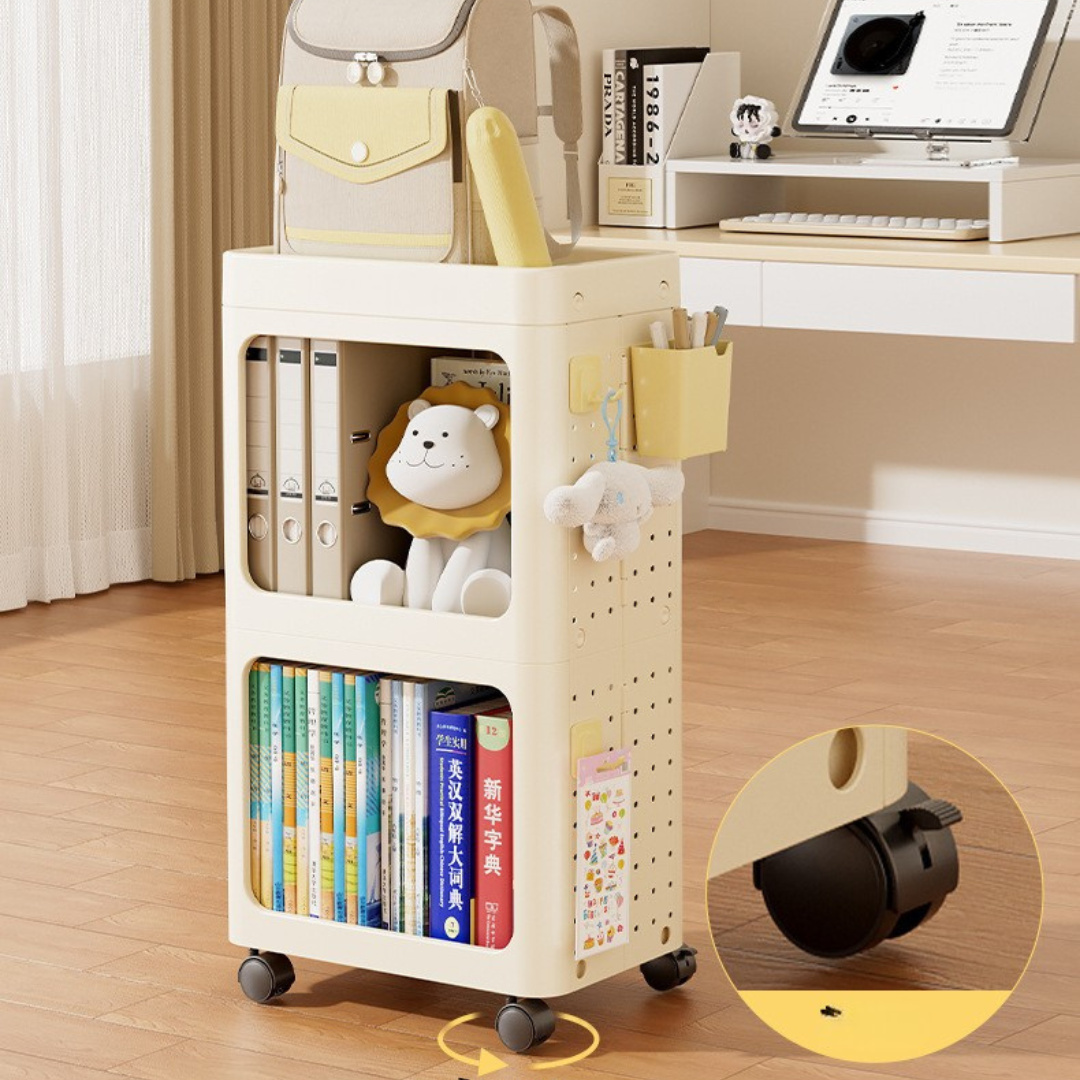 Premium Folding Space Saver Pegboard Bookshelf with 360° Omnidirectional Wheels