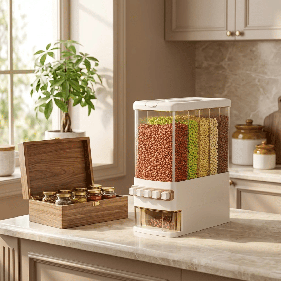 5 Grid Airtight Grain Dispenser with Push Button & Measuring Cup