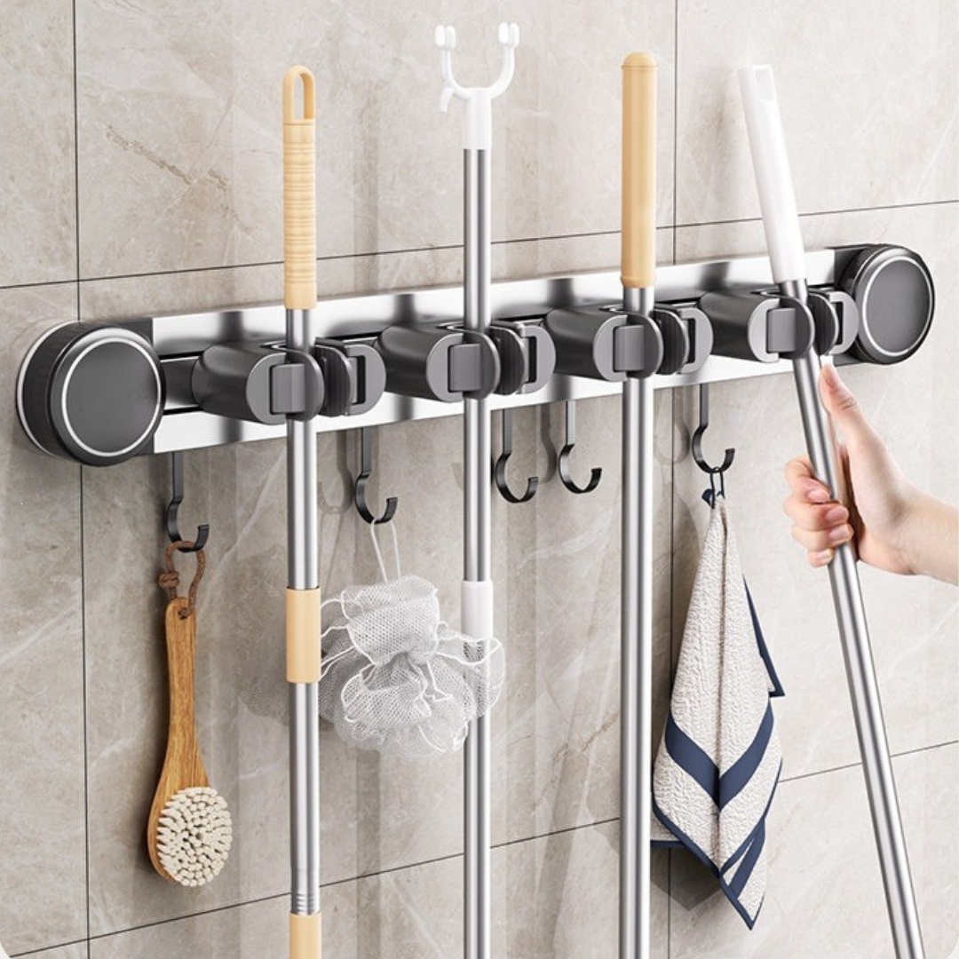Wall Mounted Sliding Mop and Broom Holder Organizer with Strong Suction Cup