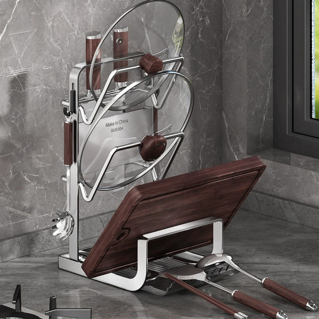 HOMERO Wall Mount Design Multifunctional Stainless Steel Pot Lid Rack with Drip Tray
