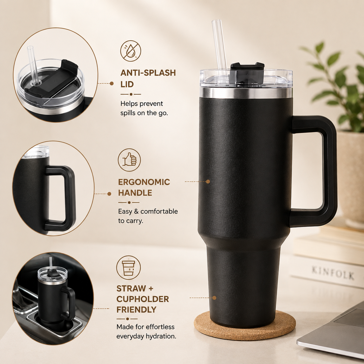 Double Wall Vacuum Insulation Stainless Steel Anti-Splash Tumbler