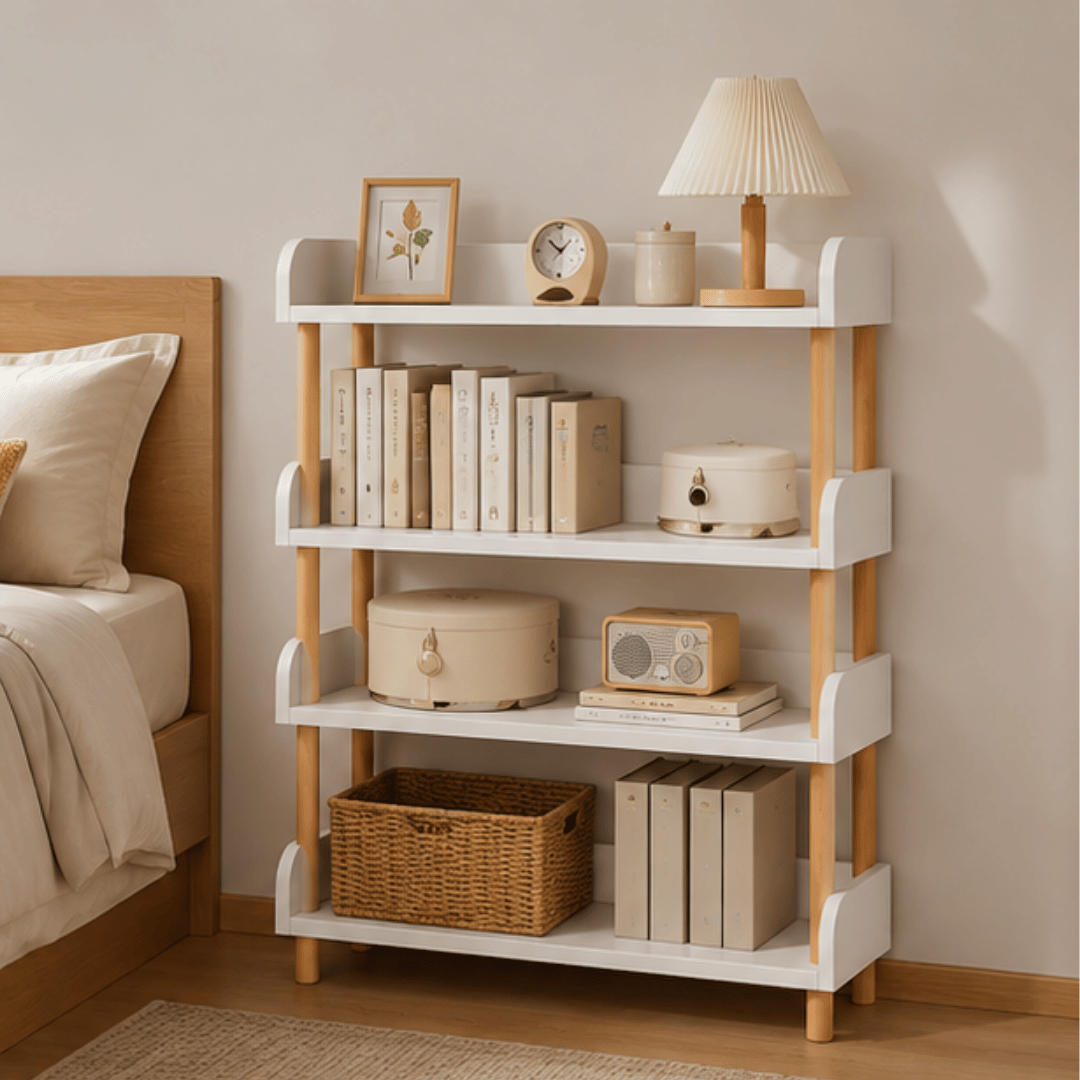 Elegant Floor Standing Display Shelf with Upright Storage and Beech Wood Legs