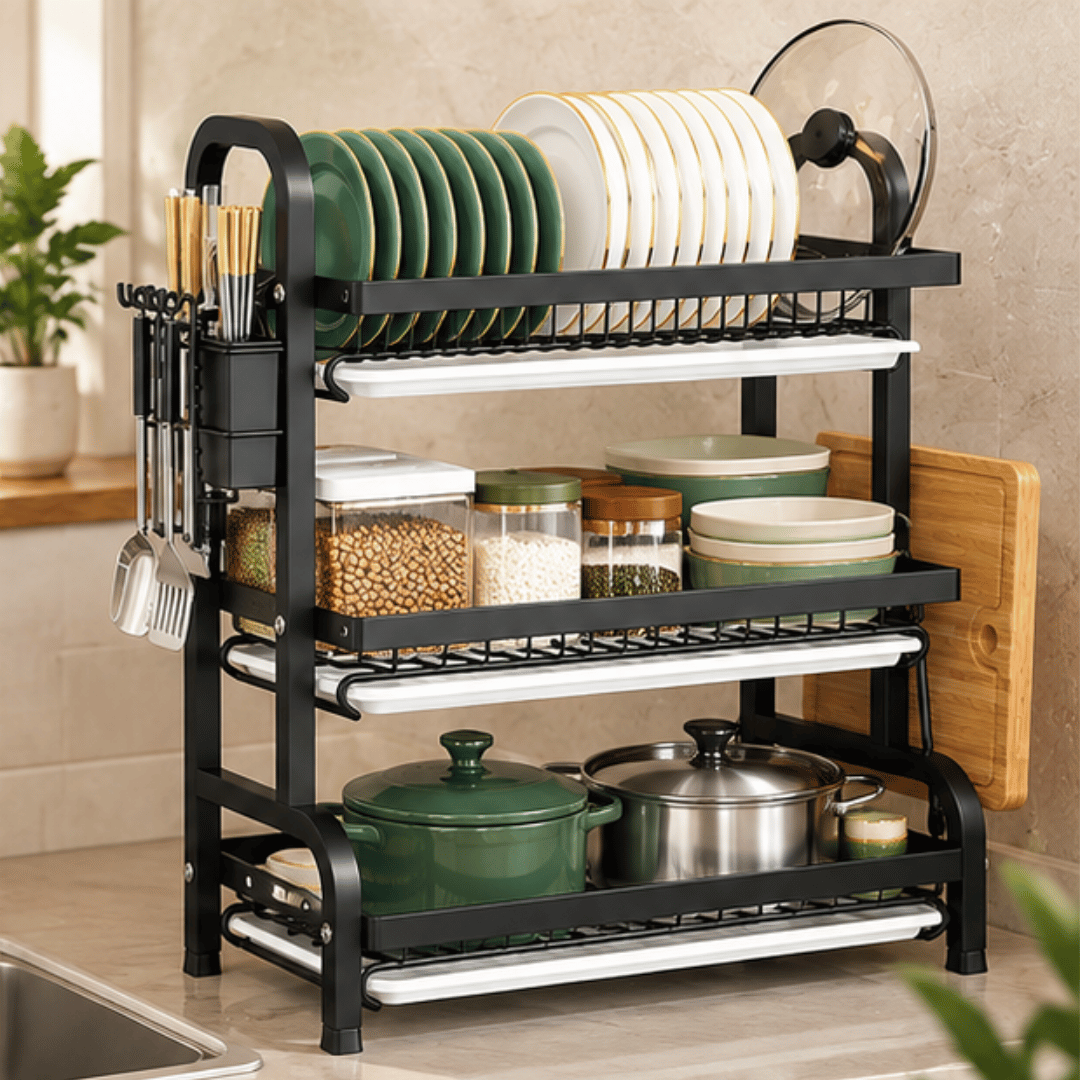 3 Tier Kitchen Dish Drying Rack with Drain Trays Cutlery Holder and Cutting Board Holder