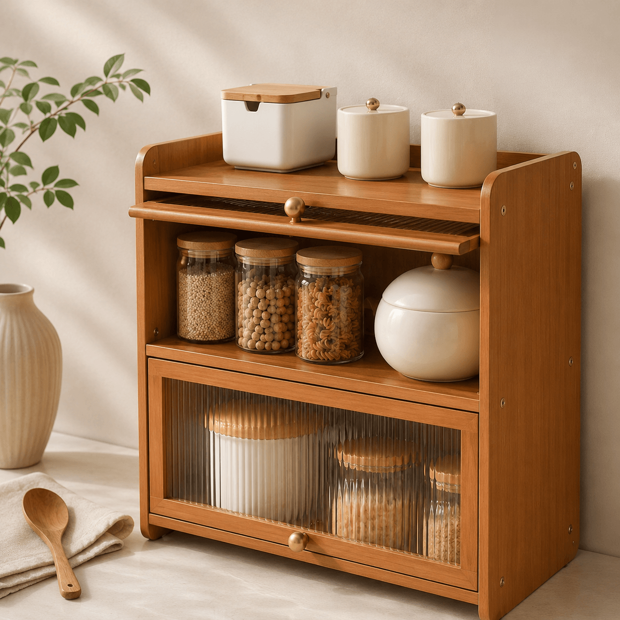 2-Tier Bamboo Acrylic Multipurpose Storage Cabinet with Translucent Flip Door