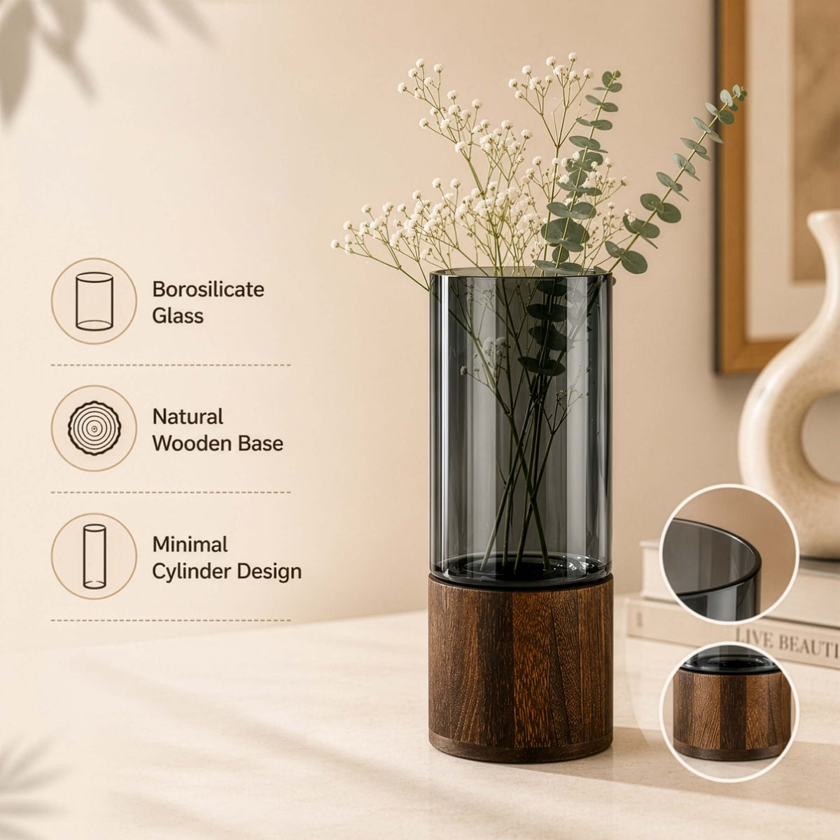 Homero Cylinder Vases with Wooden Base for Home Decor