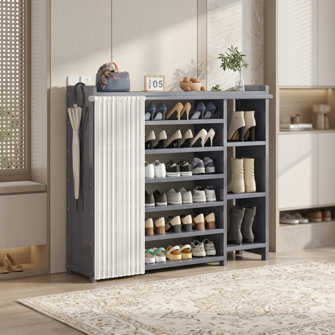 7 Tier Bamboo Shoe Rack Cabinet with Dustproof Curtain and Boot Storage