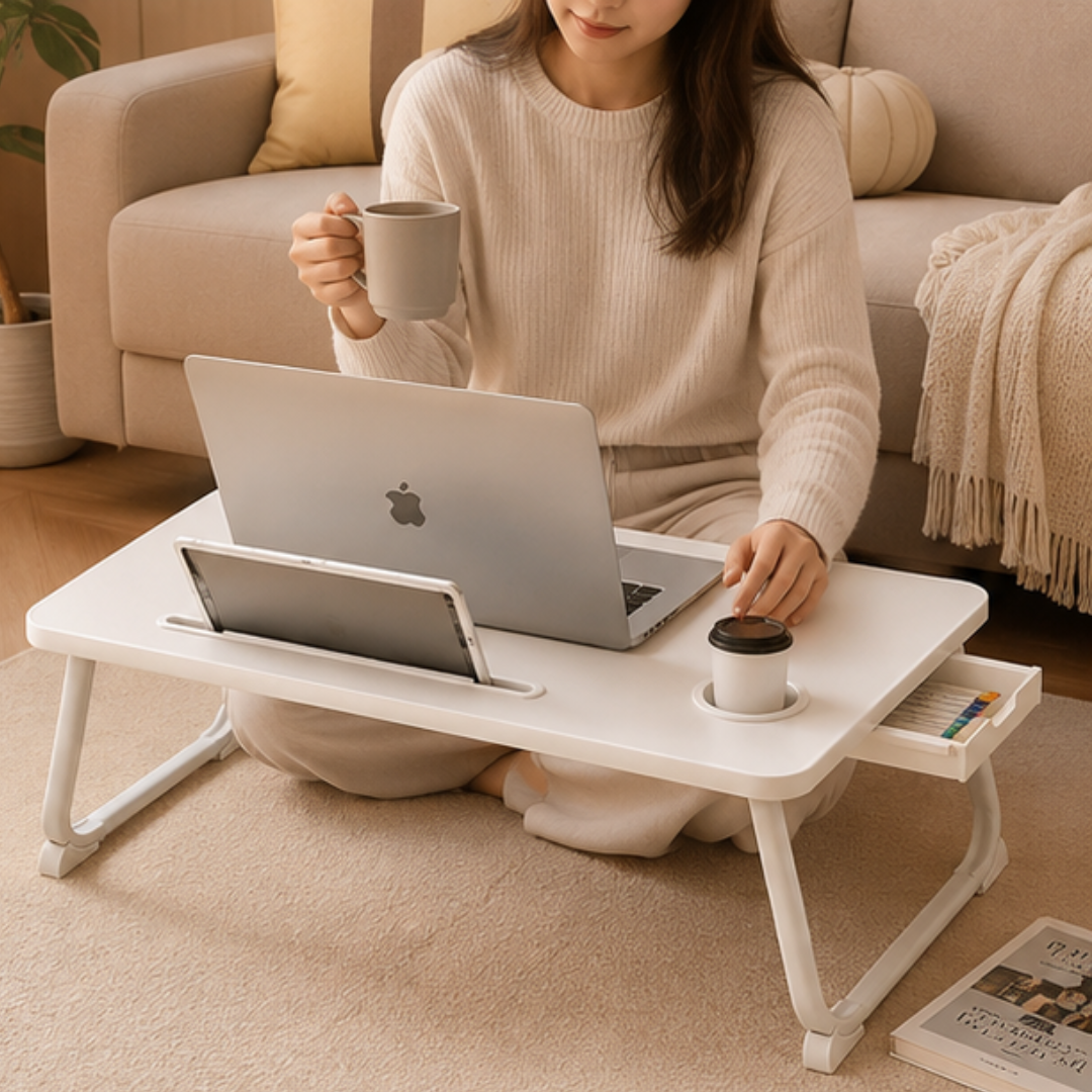 Multipurpose Foldable Computer Study Table with Drawer Slot and Cup Holder