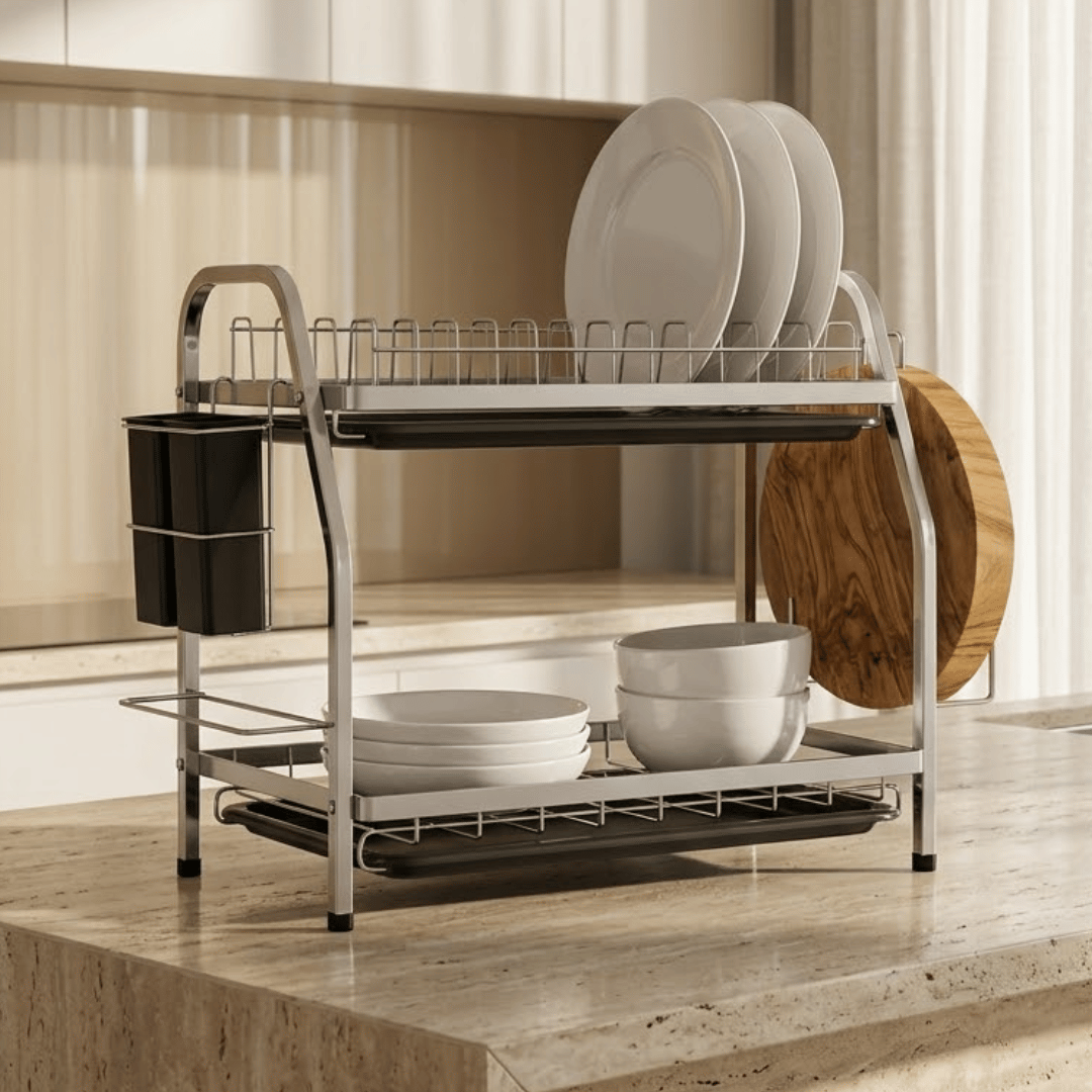 Two Tier Carbon Steel Dish Drainer Rack with Removable Drip Trays