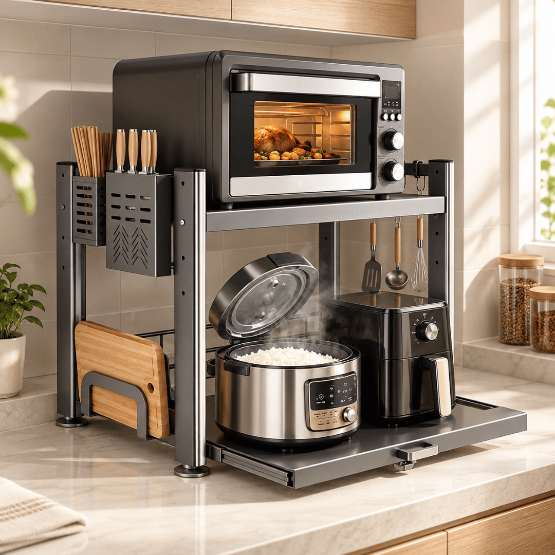 Heavy Duty Two Tier Microwave & Utensils Storage Rack with Adjustable Shelves and Hooks