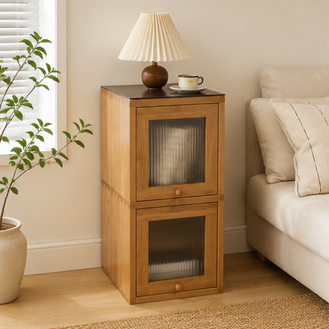 Premium Solid Oak Standalone Glass Door Storage Cabinet