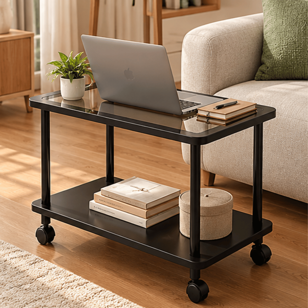 Modern Tempered Glass Table with Two Tier Storage and Rolling Wheels