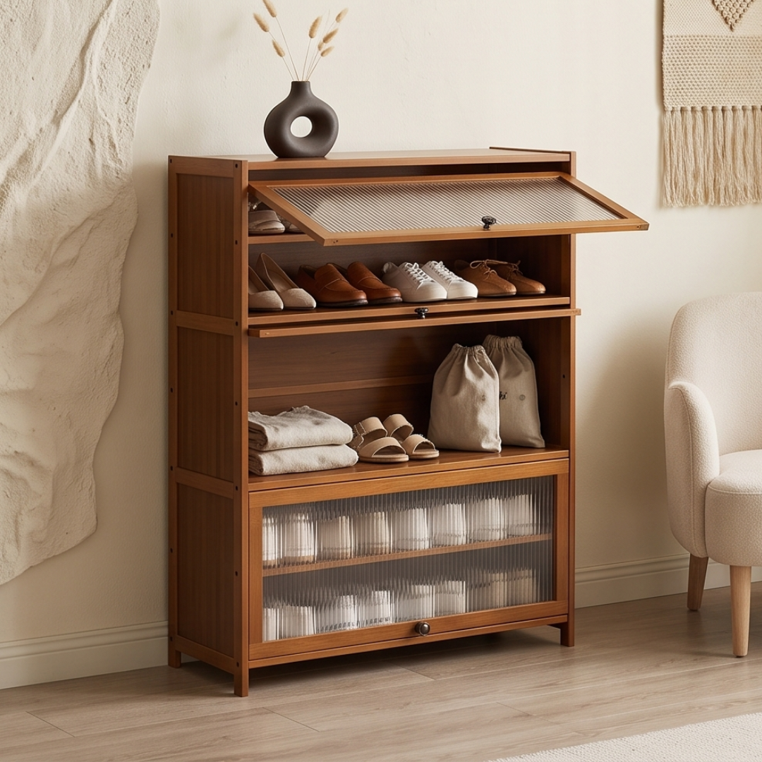 Multi-Tier Bamboo Shoe Rack with Transparent Flap Door